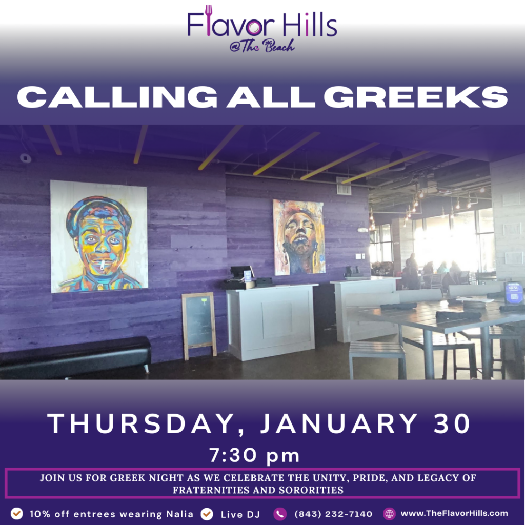 Flyer to promote Greek Night at Flavor Hills on June 30